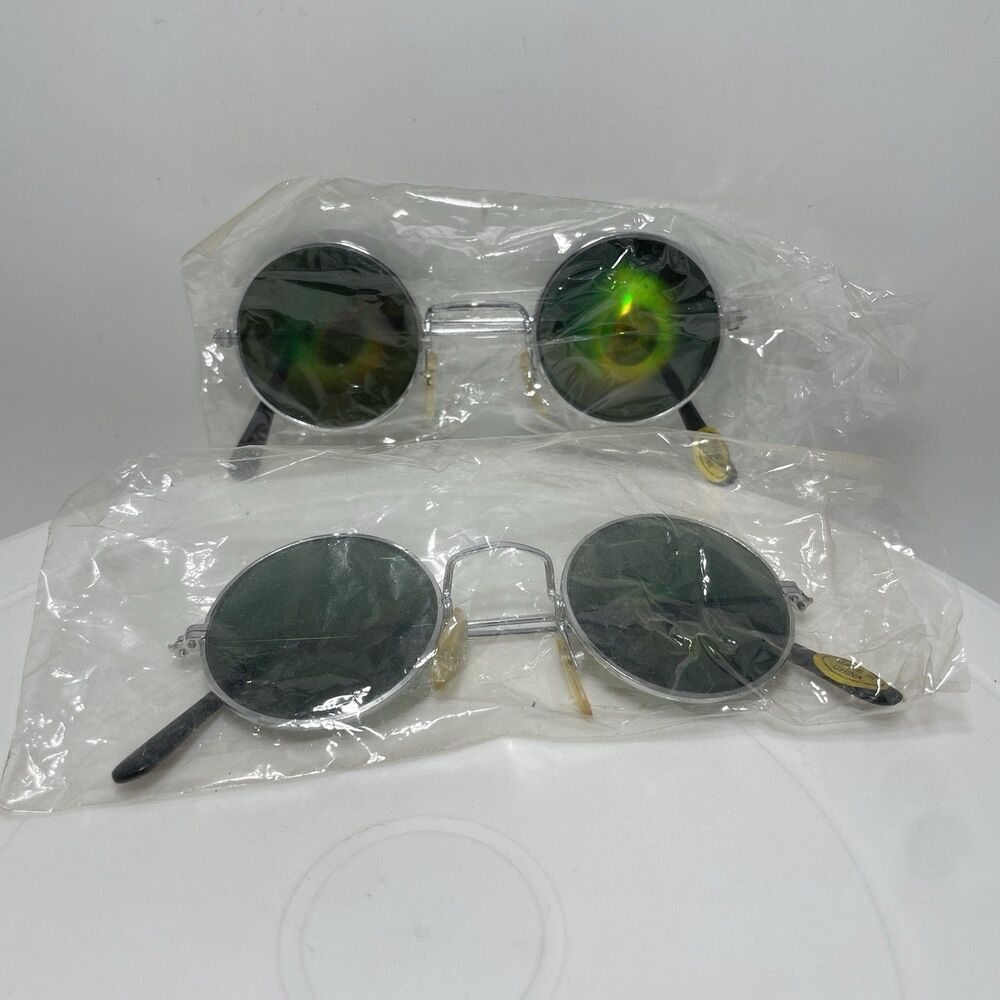 2 Pairs John Lennon Style Round Sunglasses Green Mirrored Lens Hippie Retro
